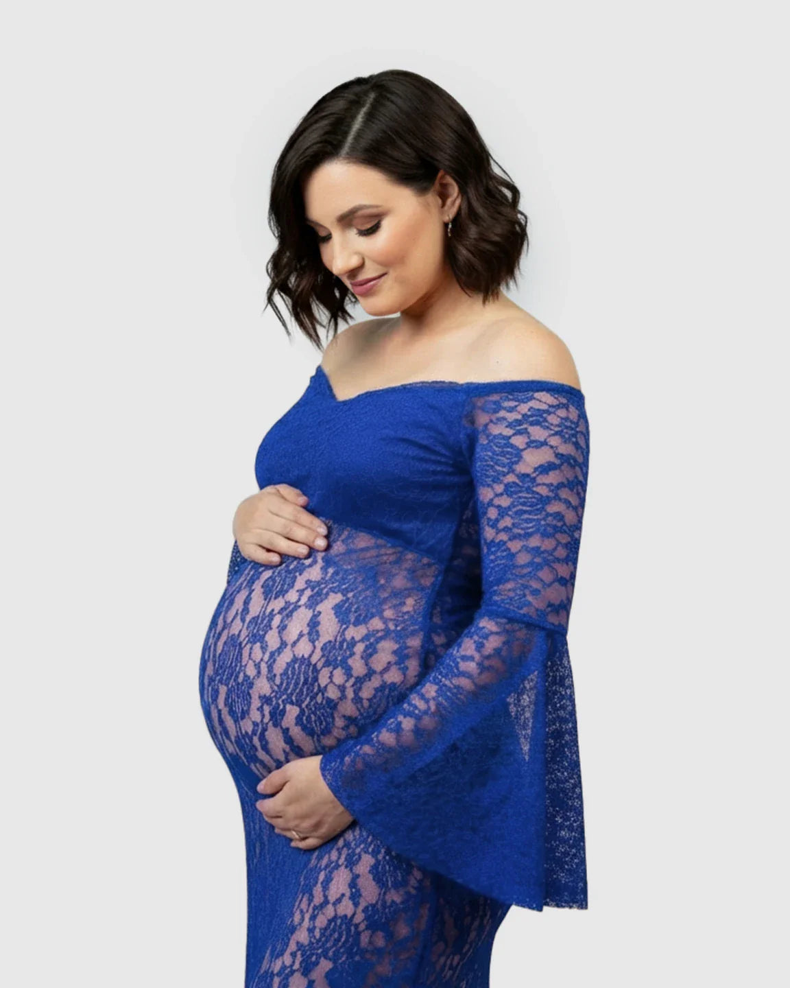 Bump Society – The Comfort Collection: Bell Lace Sleeve Trailing Maternity Gown