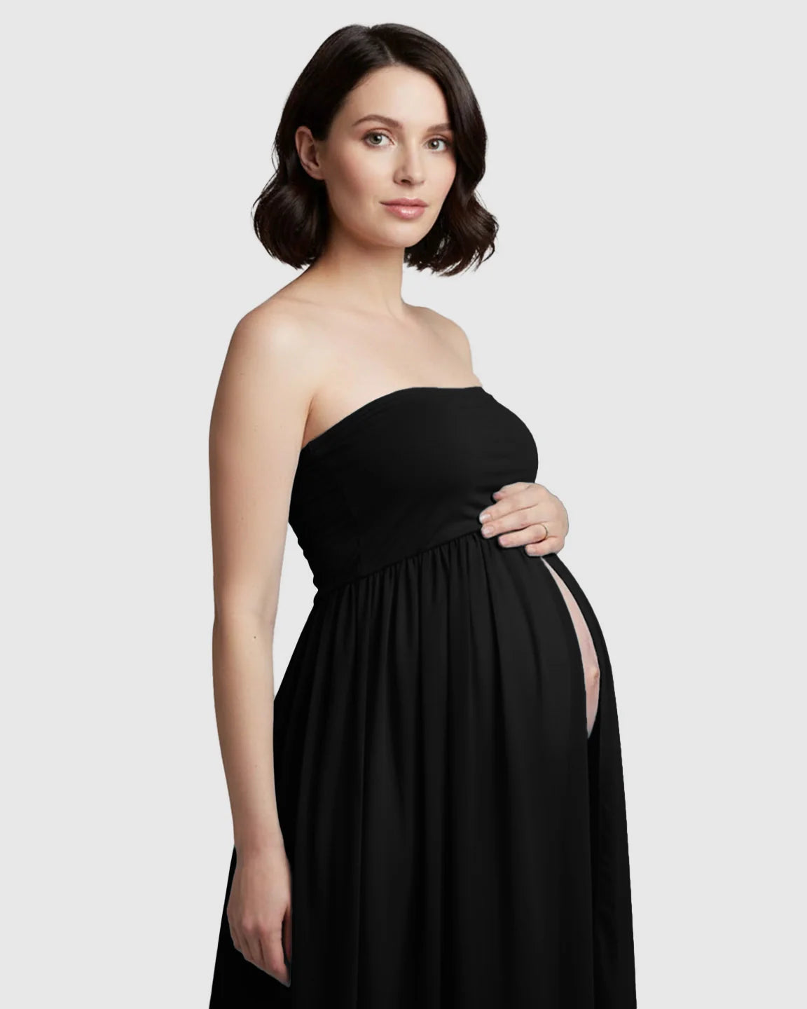 Bump Society – The Comfort Collection: Strapless Ruched Front Slit Maternity Photoshoot Dress