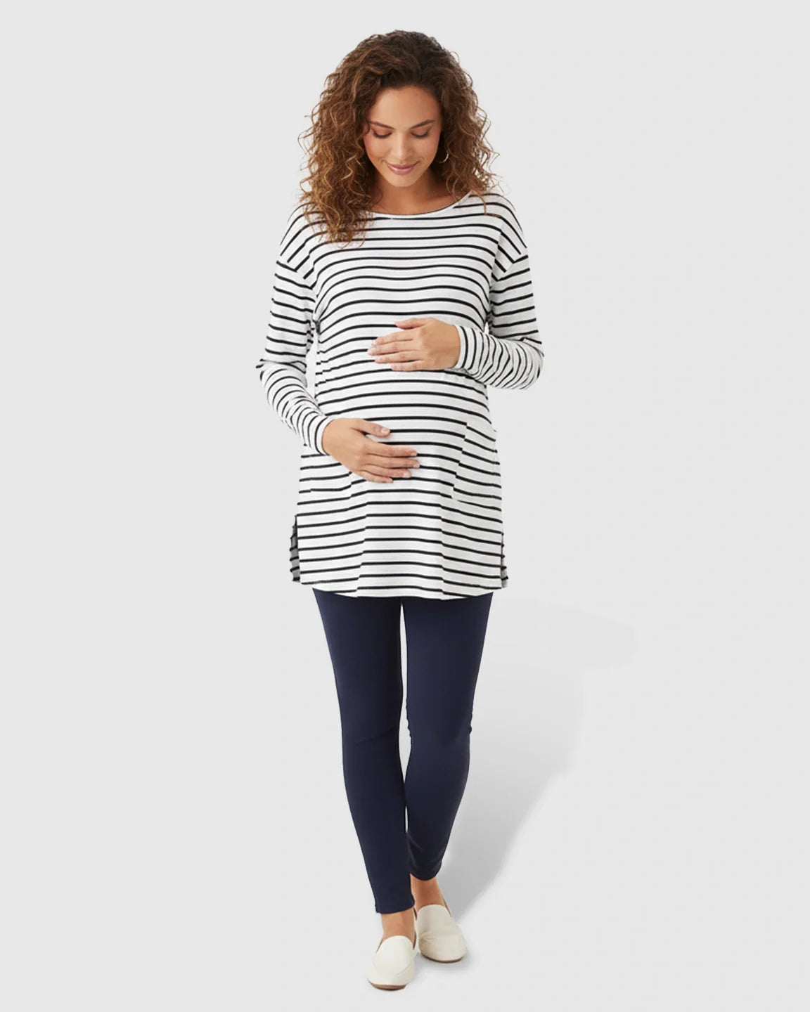The Comfort Collection: Striped Round Neck Long Sleeve Maternity Top With Pockets