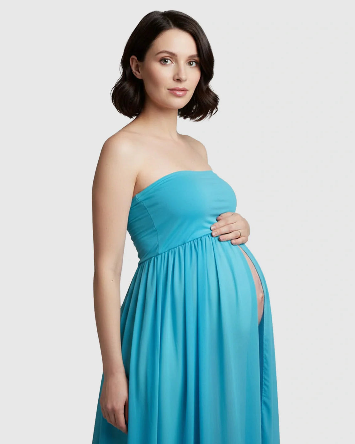 Bump Society – The Comfort Collection: Strapless Ruched Front Slit Maternity Photoshoot Dress