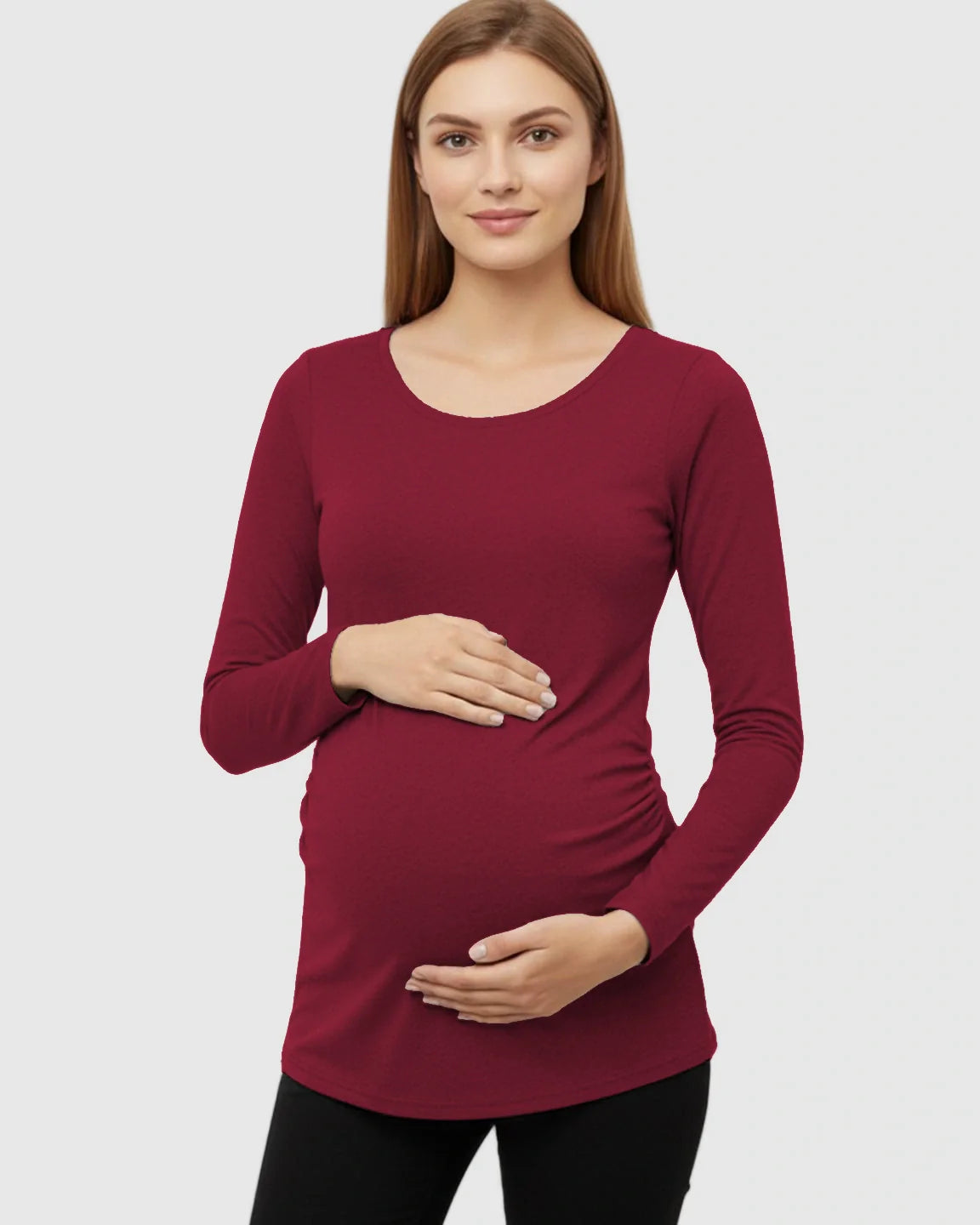 Bump Society – The Comfort Collection: Side Ruched Slim Fit Long Sleeve Maternity Top