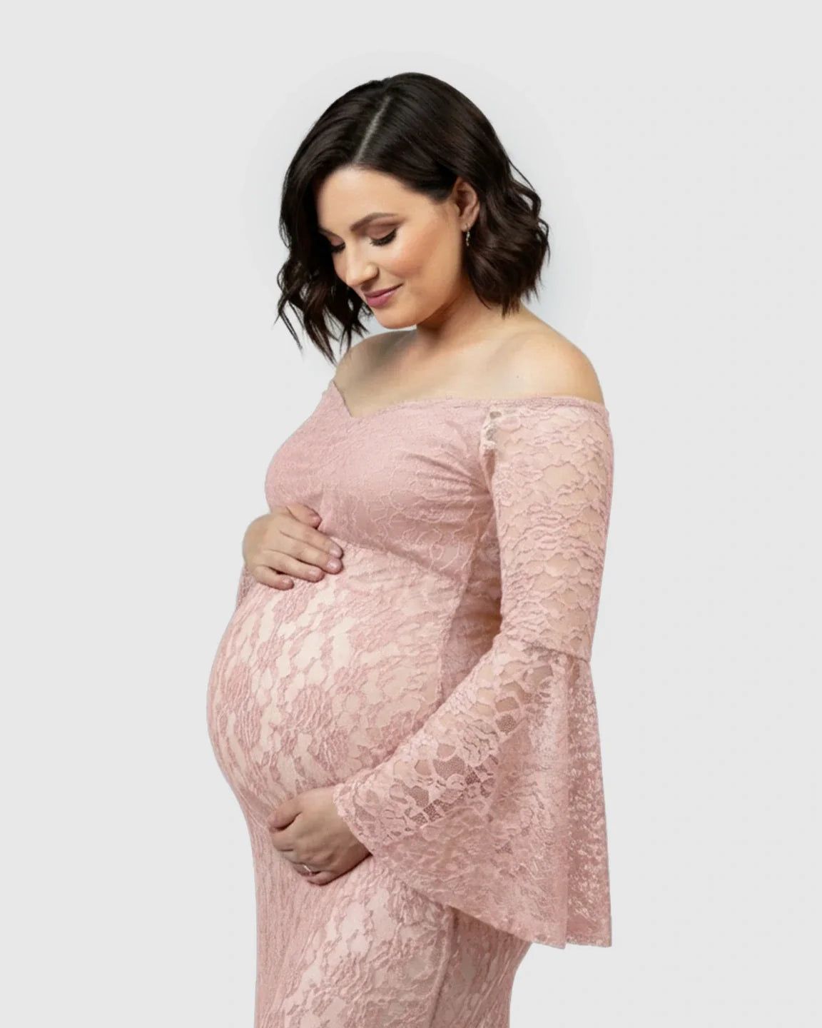 Bump Society – The Comfort Collection: Bell Lace Sleeve Trailing Maternity Gown