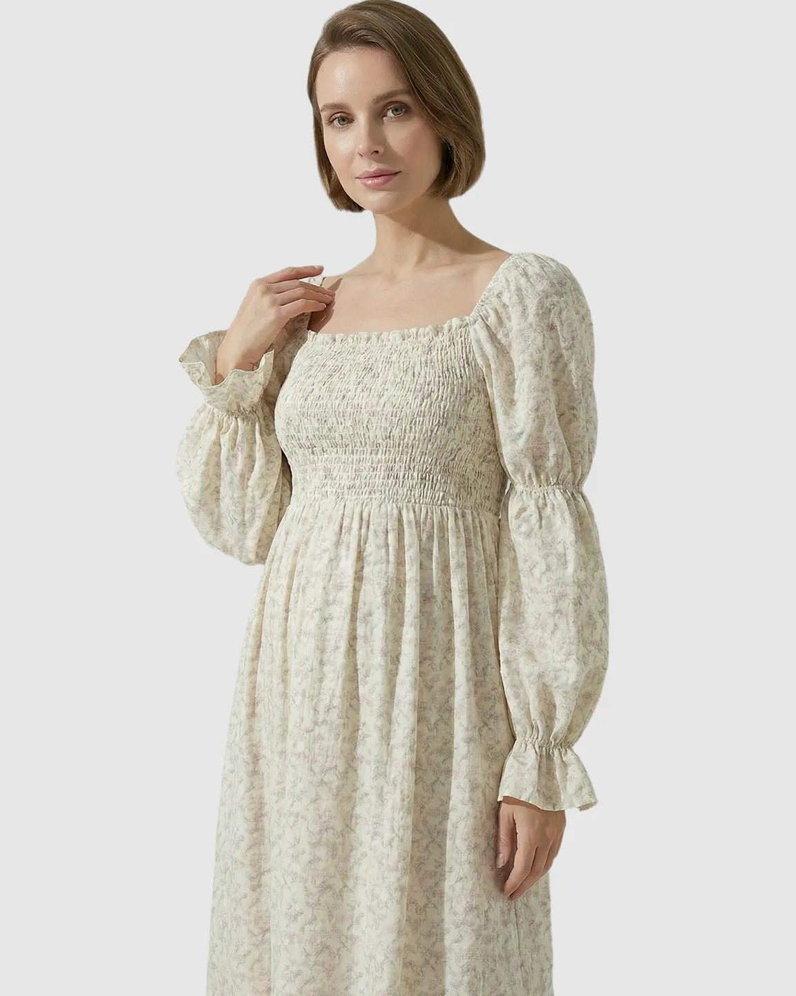 Bump Society – The Comfort Collection: Puffed Long-Sleeve Tiered Skirt Maternity Maxi Dress