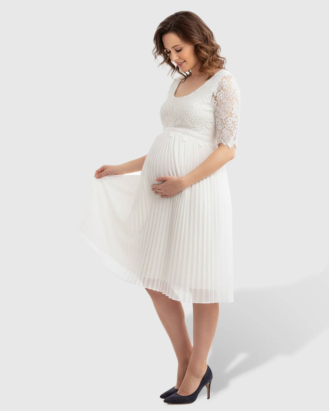 Bump Society – The Comfort Collection: Lace Bodice Pleated Maternity Midi Dress