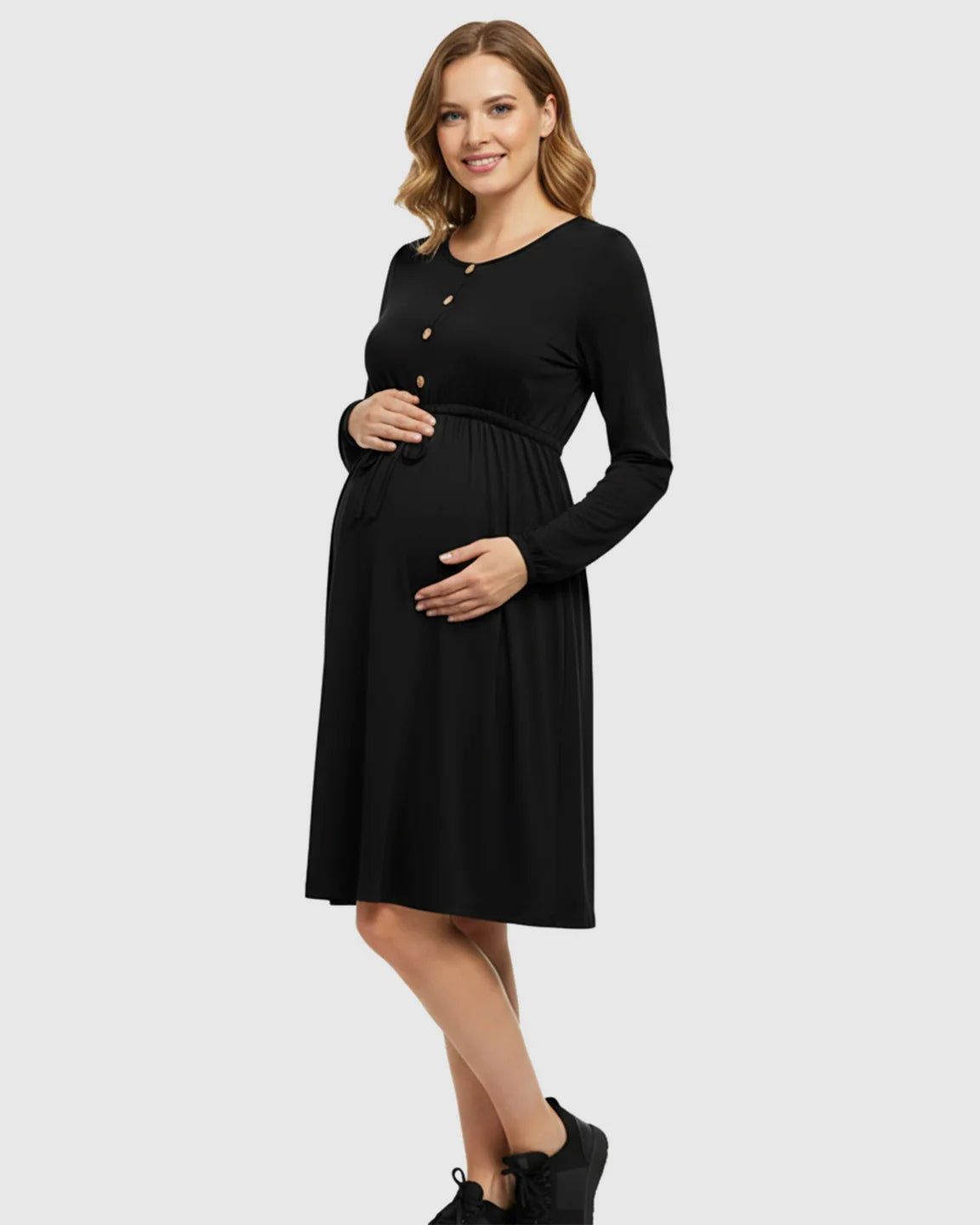 Bump Society – The Comfort Collection: Button-Front Drawstring Waist Maternity Dress
