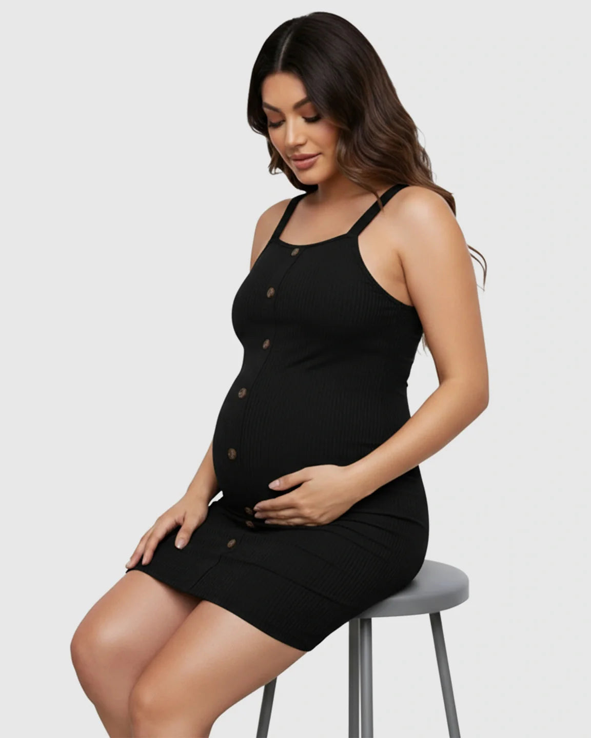 Bump Society – The Comfort Collection: Ribbed Button-Front Bodycon Maternity Short Dress