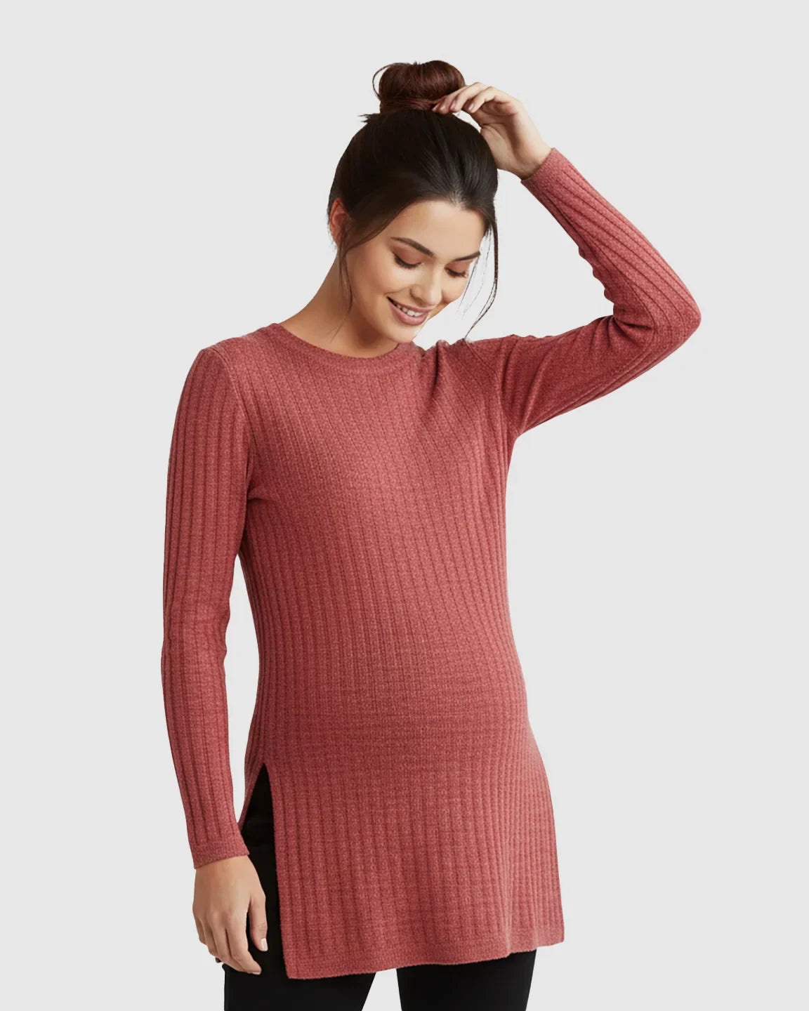 Bump Society – The Comfort Collection: Ribbed Knit Side-Slit Long Sleeve Maternity Top