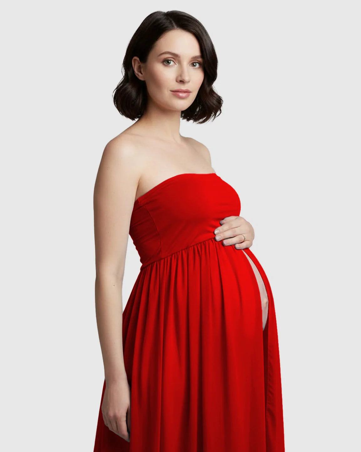 Bump Society – The Comfort Collection: Strapless Ruched Front Slit Maternity Photoshoot Dress