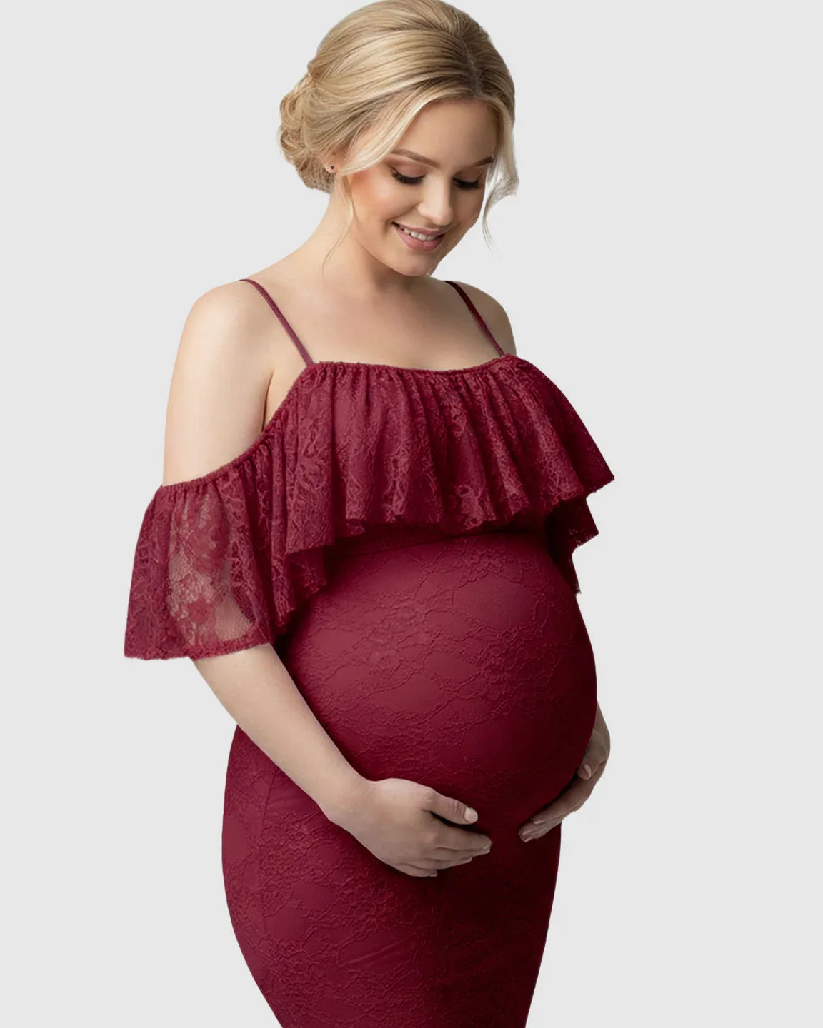 Bump Society – The Comfort Collection: Off-Shoulder Lace Mermaid Maternity Gown
