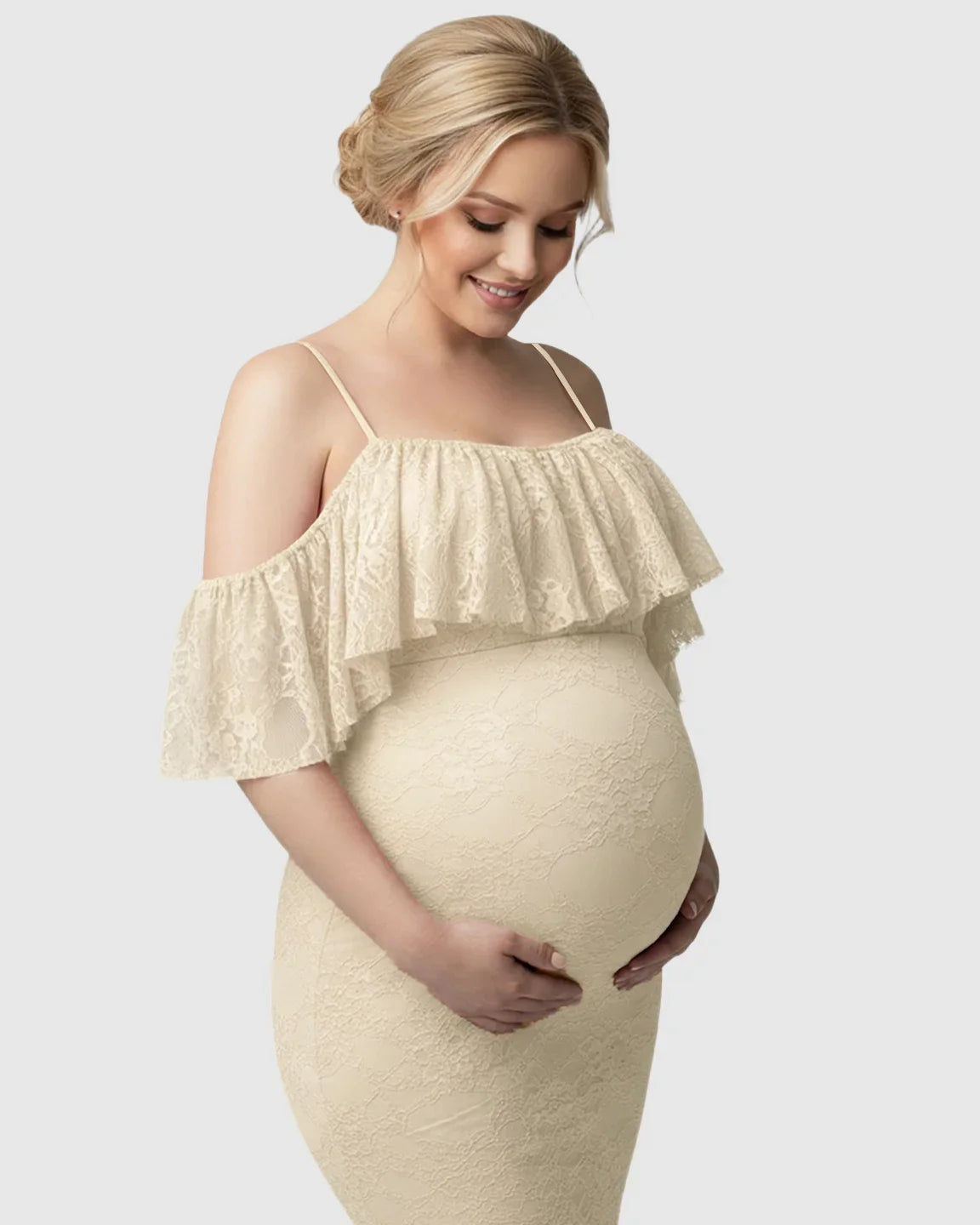 Bump Society – The Comfort Collection: Off-Shoulder Lace Mermaid Maternity Gown