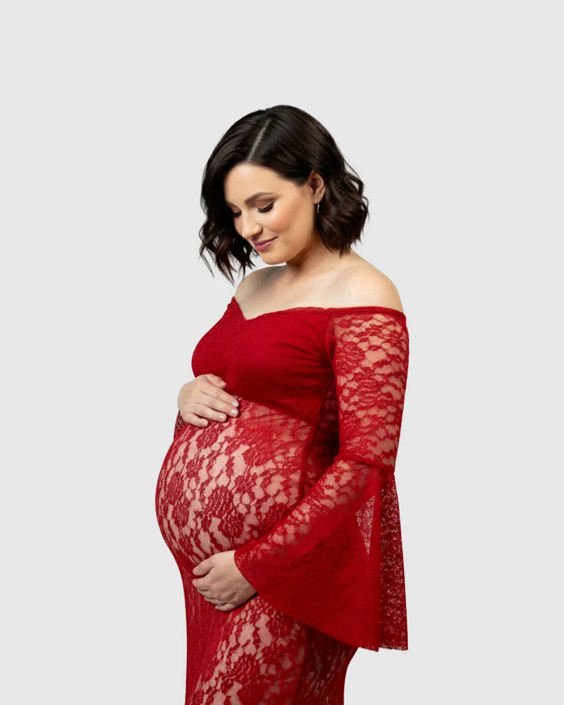 Bump Society – The Comfort Collection: Bell Lace Sleeve Trailing Maternity Gown