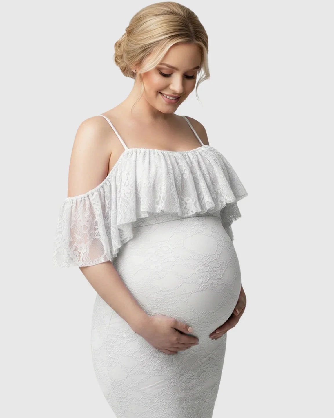 Bump Society – The Comfort Collection: Off-Shoulder Lace Mermaid Maternity Gown