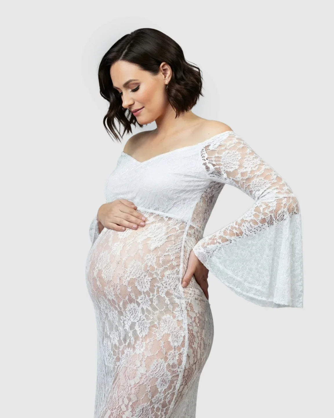 Bump Society – The Comfort Collection: Bell Lace Sleeve Trailing Maternity Gown