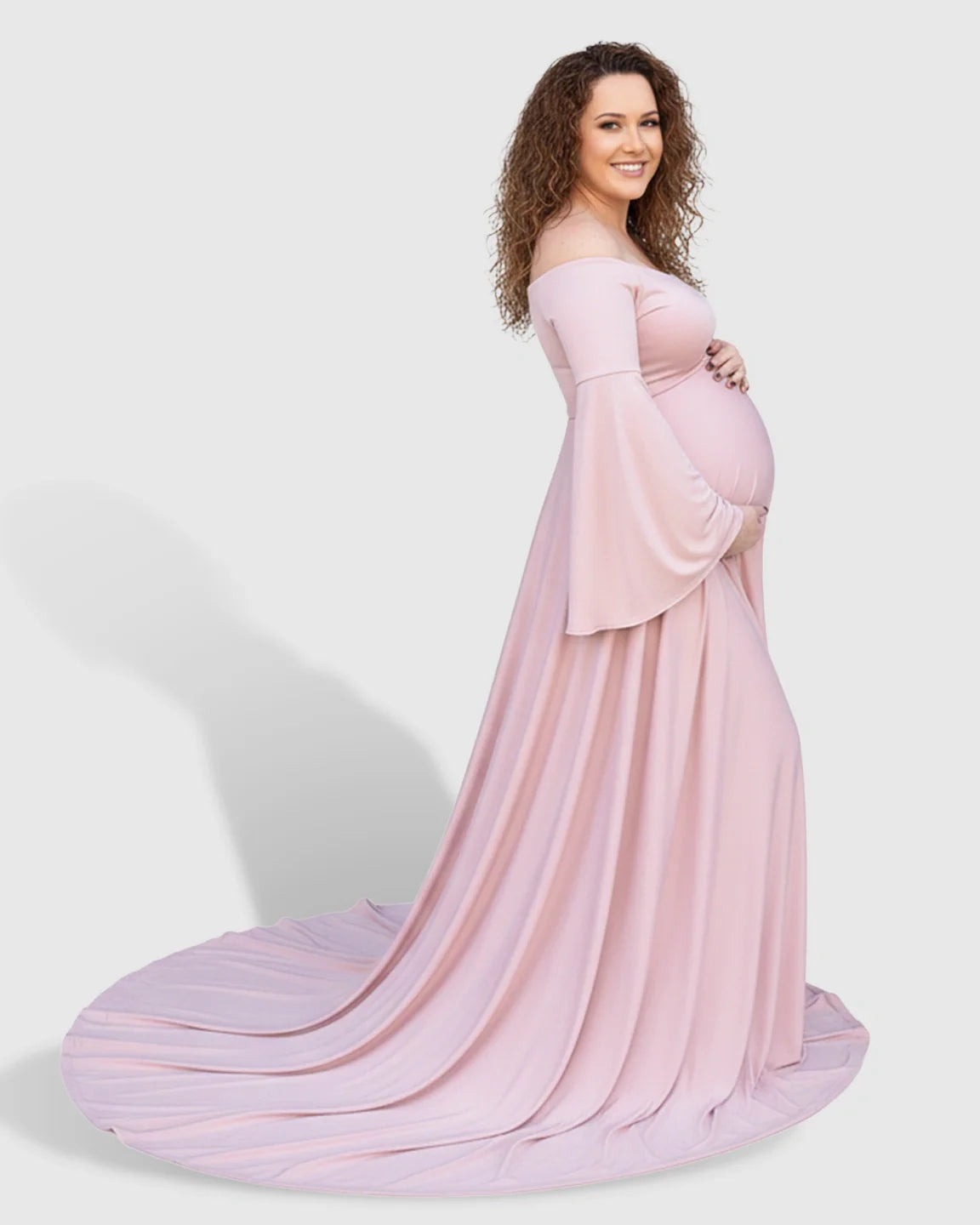 Bump Society – The Comfort Collection: Off-Shoulder Bell Sleeve Boho Maternity Photoshoot Maxi Dress