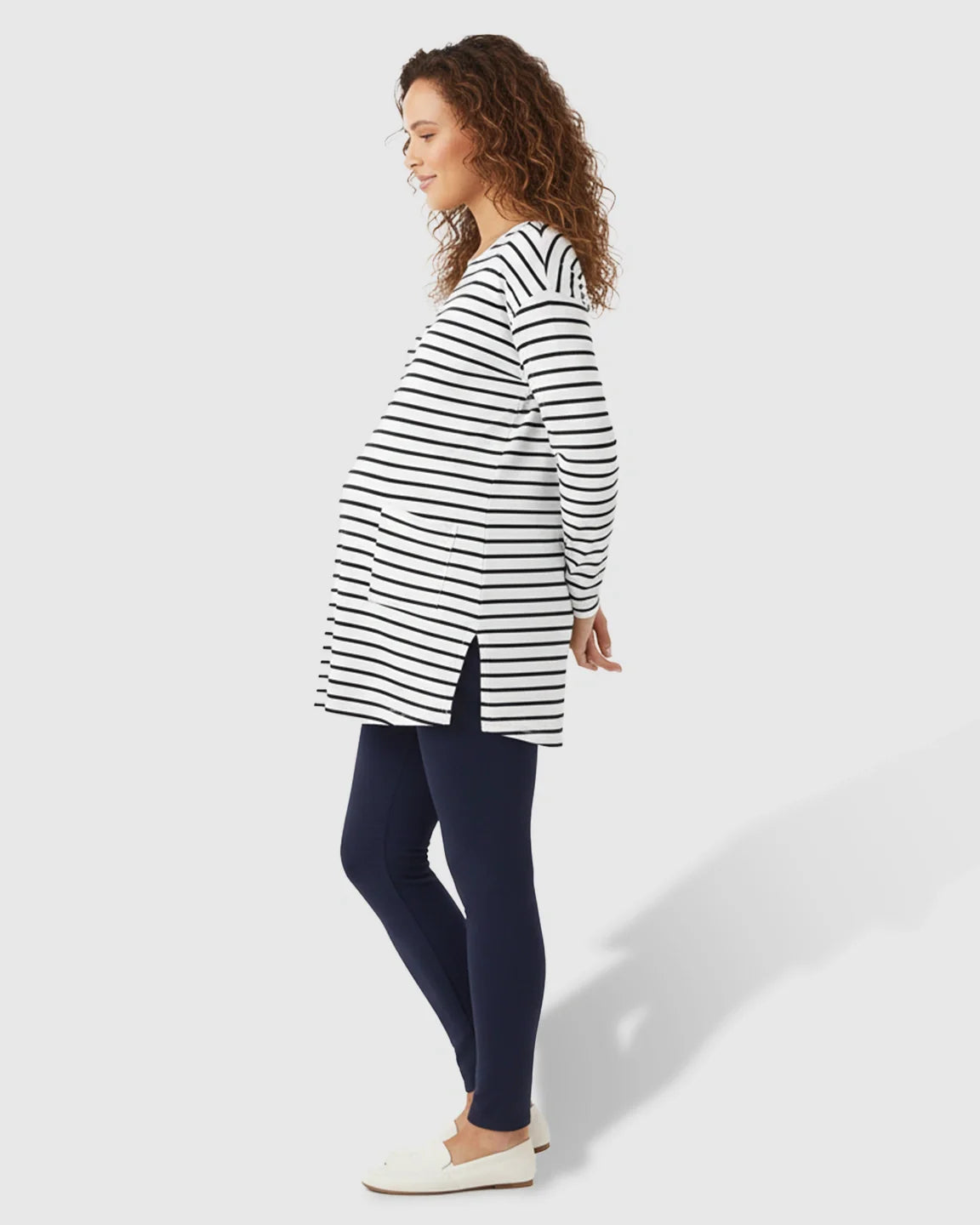 The Comfort Collection: Striped Round Neck Long Sleeve Maternity Top With Pockets