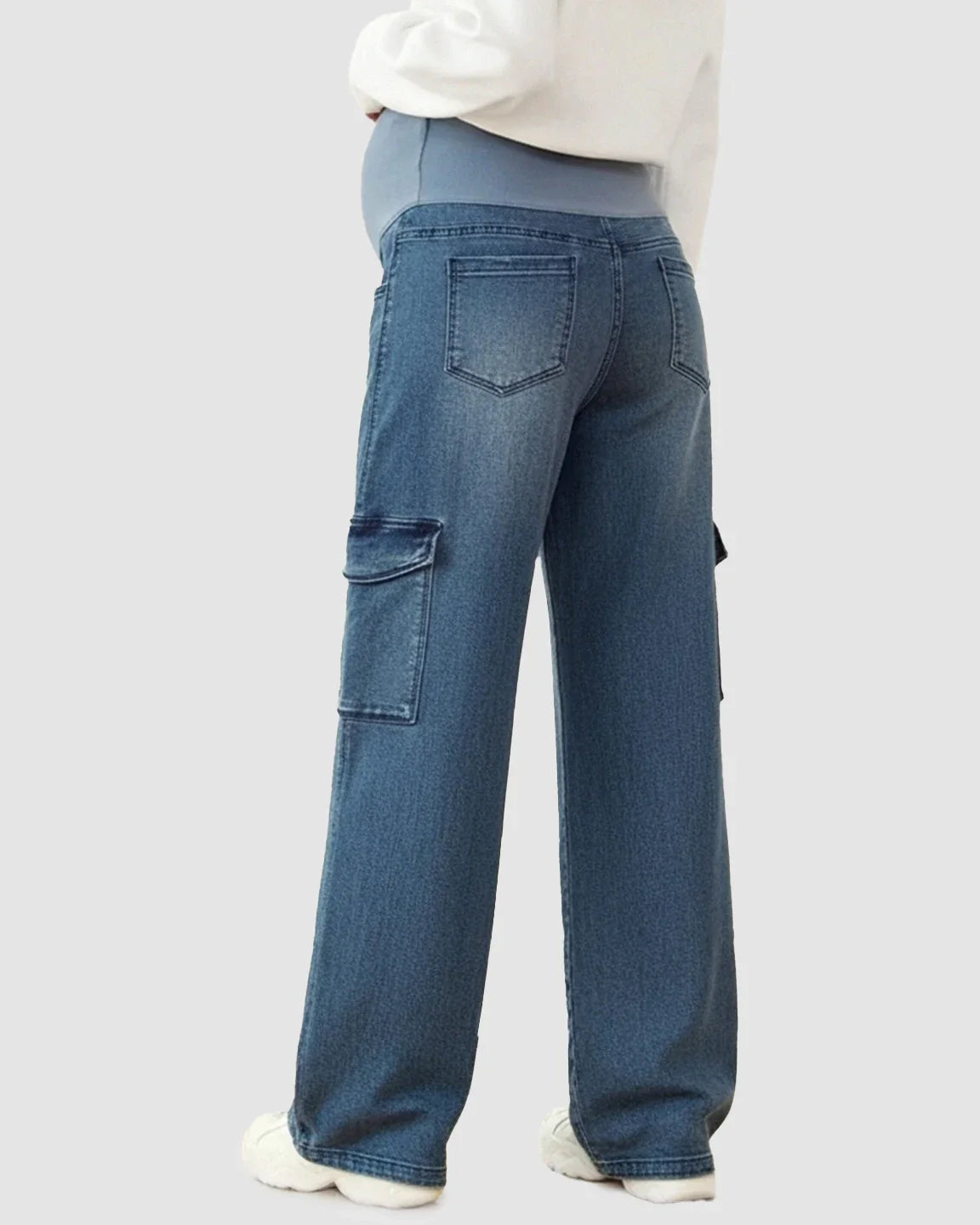 Blue denim high-waist wide-leg maternity cargo jeans with an over-bump panel and functional pockets.