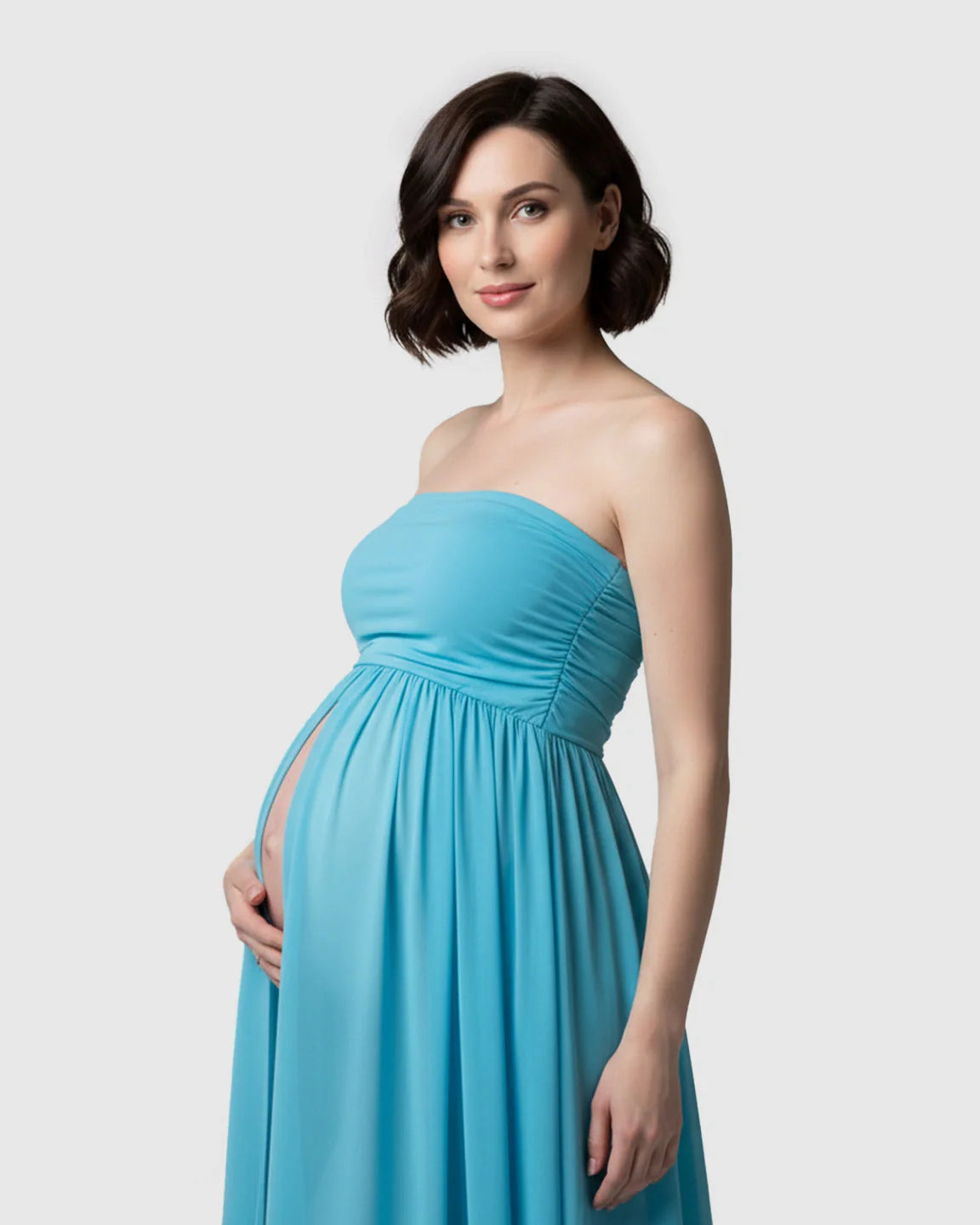 Bump Society – The Comfort Collection: Strapless Ruched Front Slit Maternity Photoshoot Dress