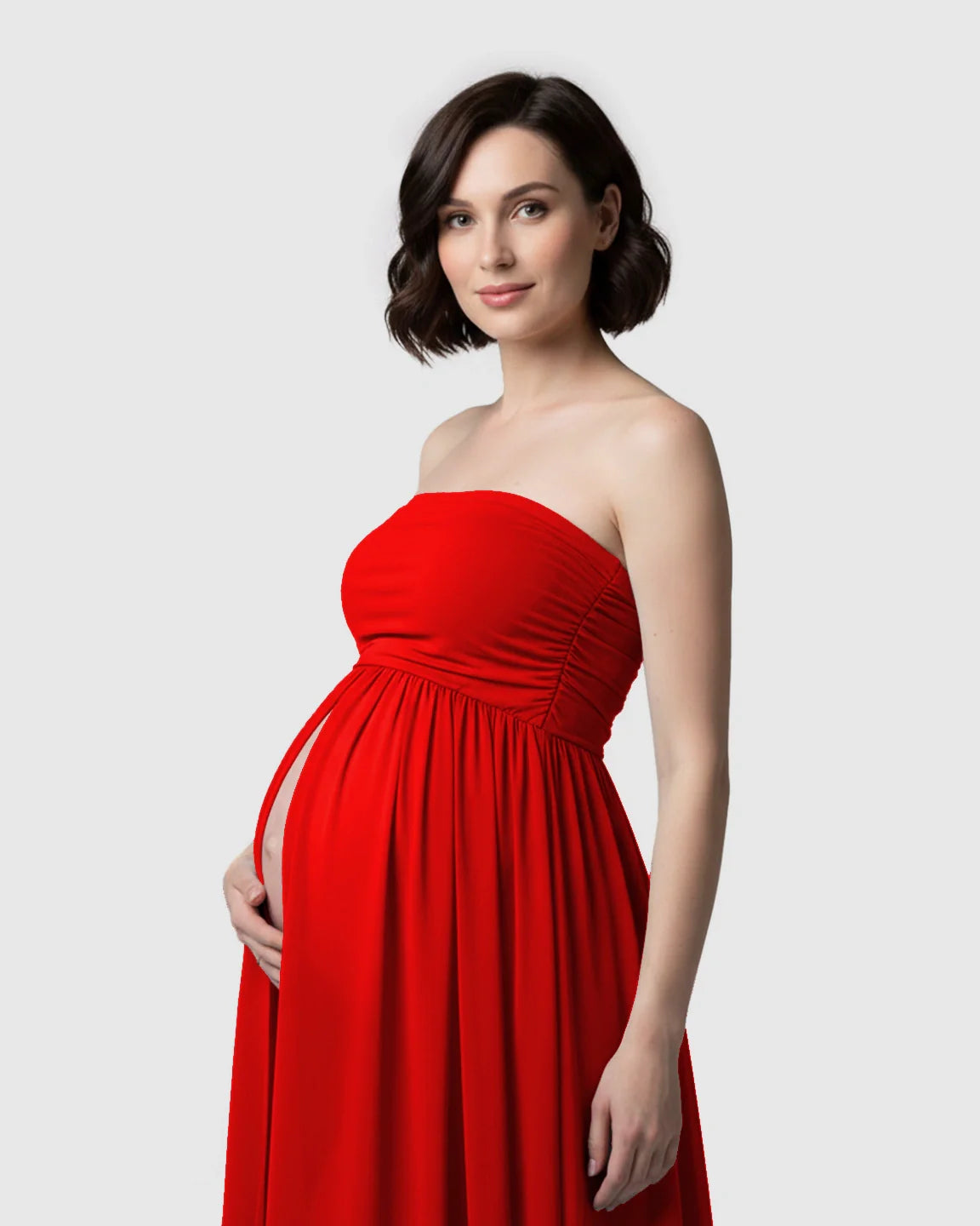 Bump Society – The Comfort Collection: Strapless Ruched Front Slit Maternity Photoshoot Dress
