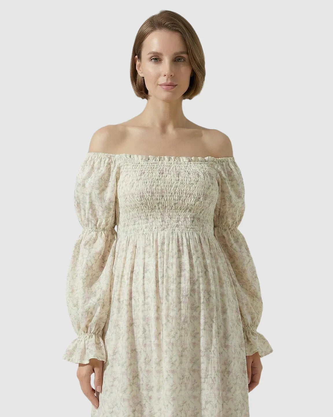 Bump Society – The Comfort Collection: Puffed Long-Sleeve Tiered Skirt Maternity Maxi Dress