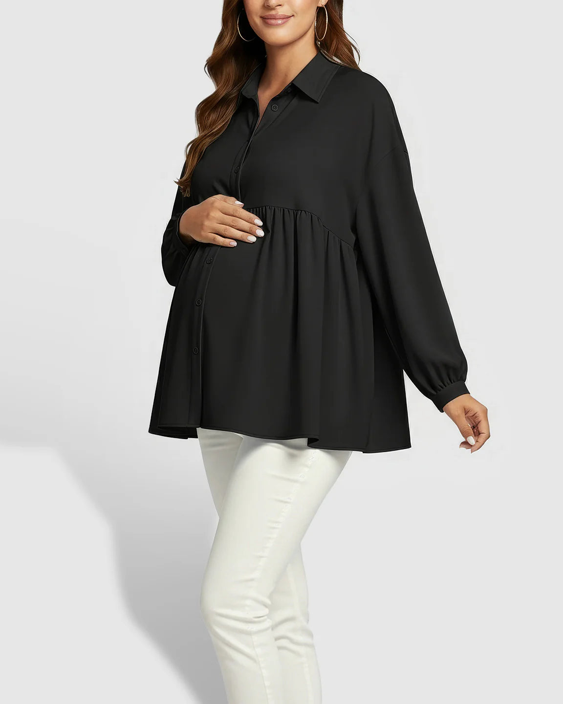 Maternity model wearing a black chiffon lapel long sleeve babydoll shirt with a button-down front.