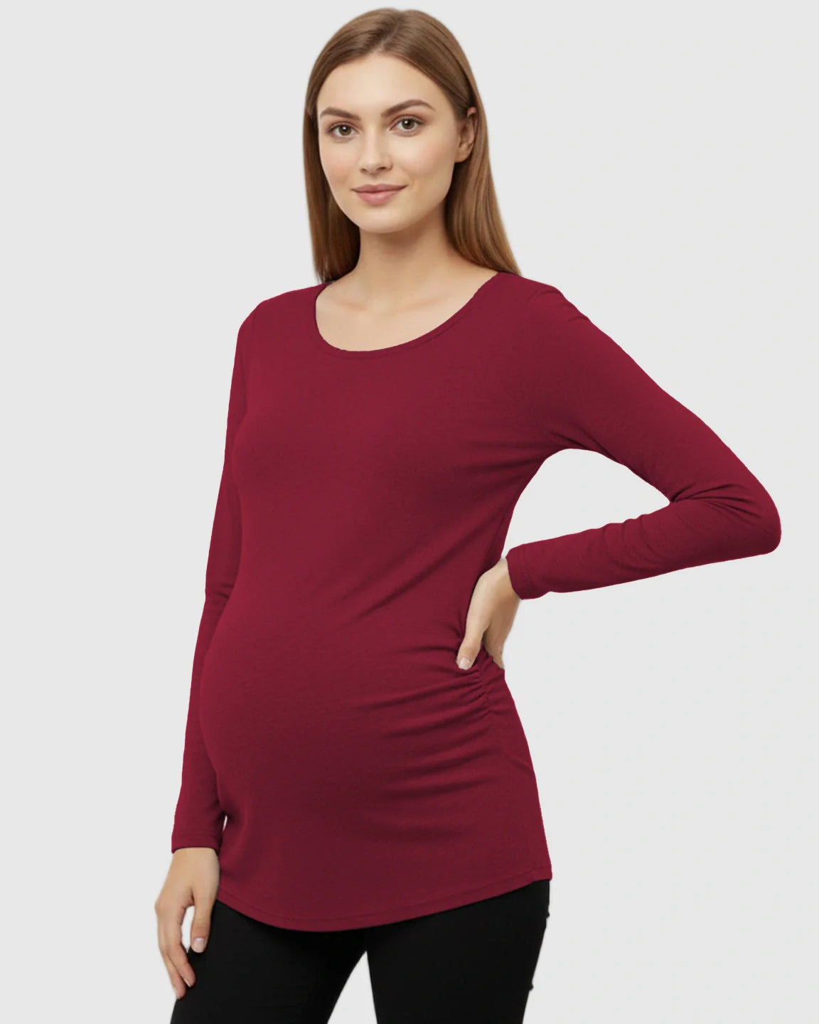 Bump Society – The Comfort Collection: Side Ruched Slim Fit Long Sleeve Maternity Top