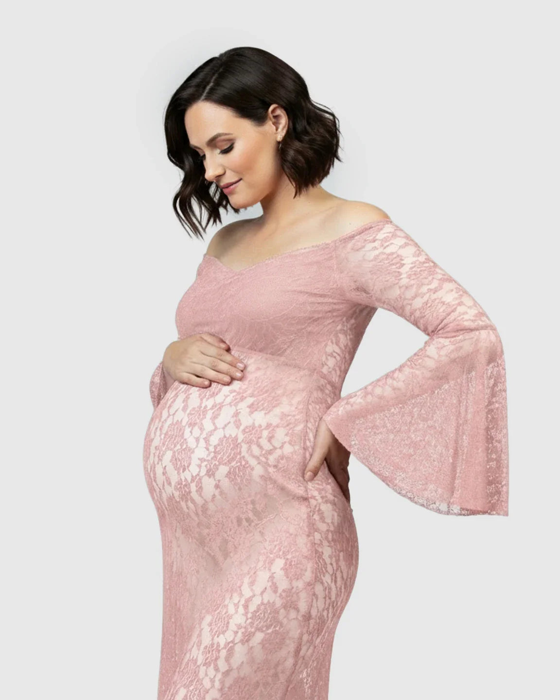 Bump Society – The Comfort Collection: Bell Lace Sleeve Trailing Maternity Gown