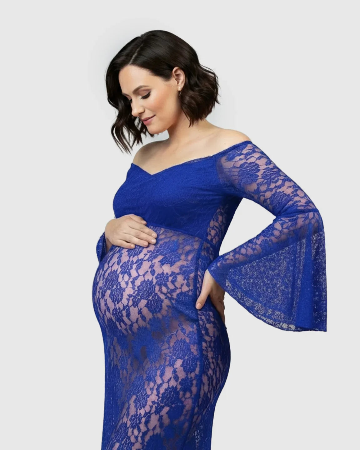 Bump Society – The Comfort Collection: Bell Lace Sleeve Trailing Maternity Gown