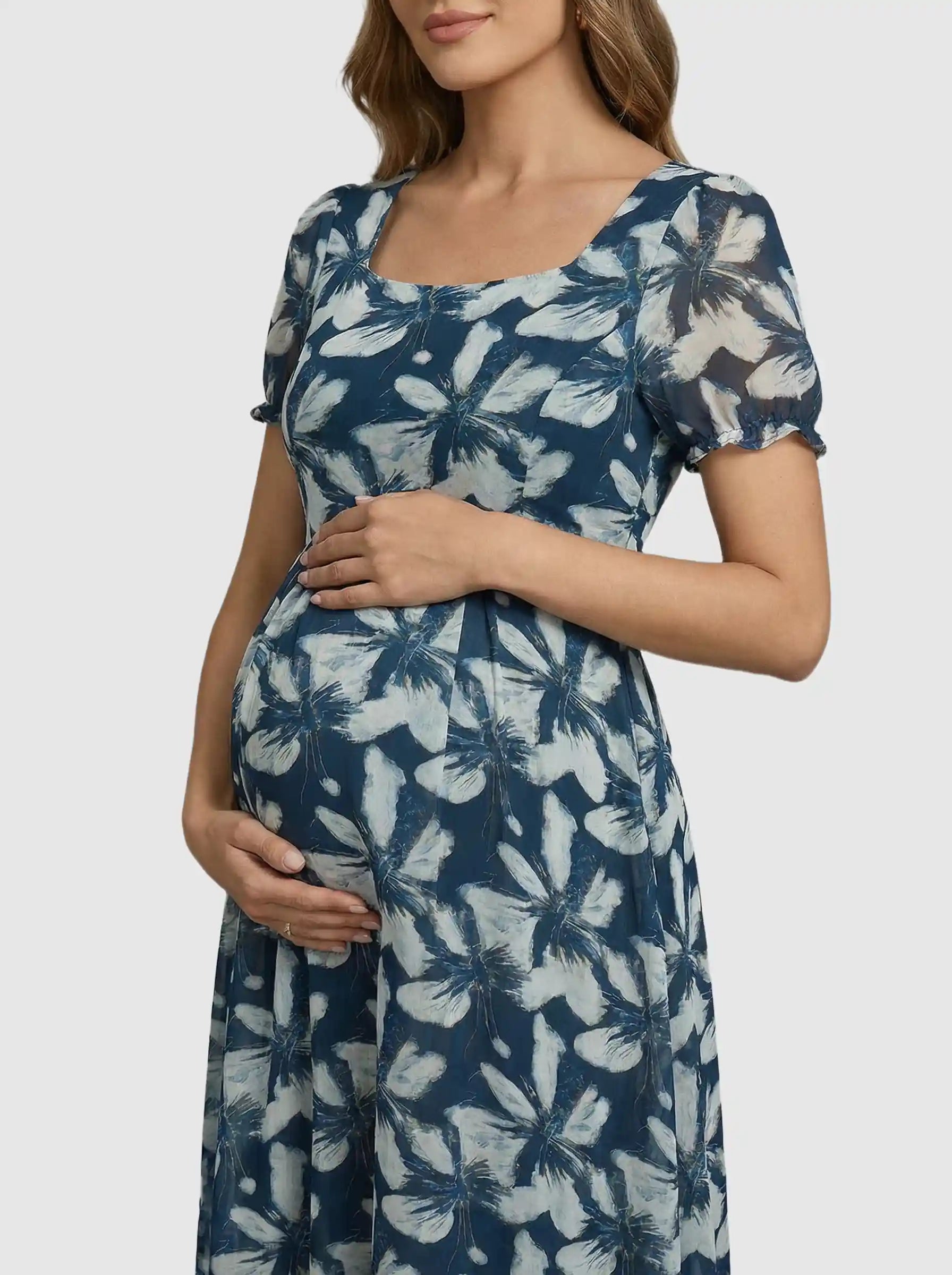 Bump Society – The Comfort Collection: Square Neckline Floral Mid-Waist Cut Maternity Midi Dress