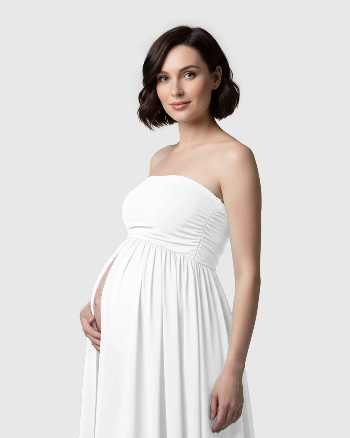 Bump Society – The Comfort Collection: Strapless Ruched Front Slit Maternity Photoshoot Dress