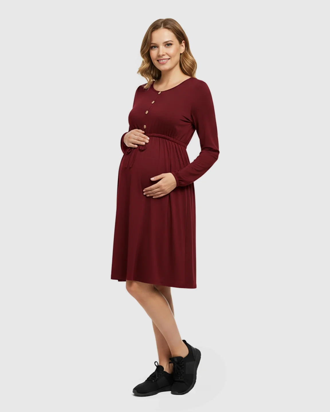 Bump Society – The Comfort Collection: Button-Front Drawstring Waist Maternity Dress