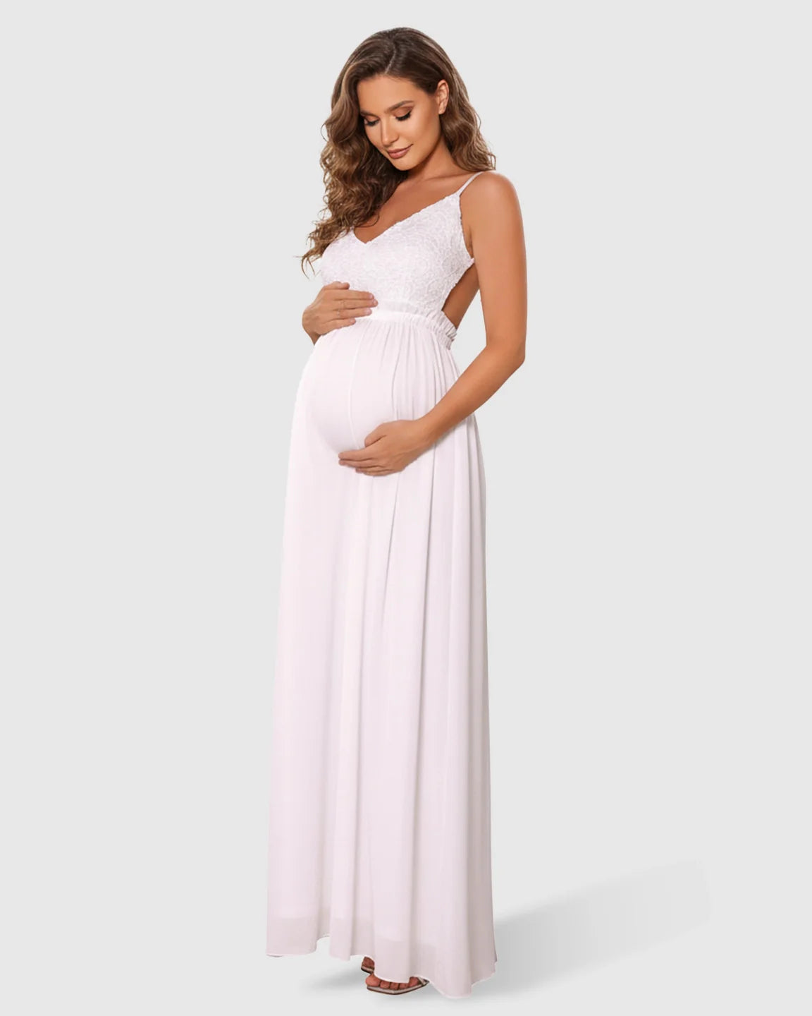 Bump Society – The Comfort Collection: Deep V-Neck Lace Bodice Stylish Maternity Photoshoot Dress