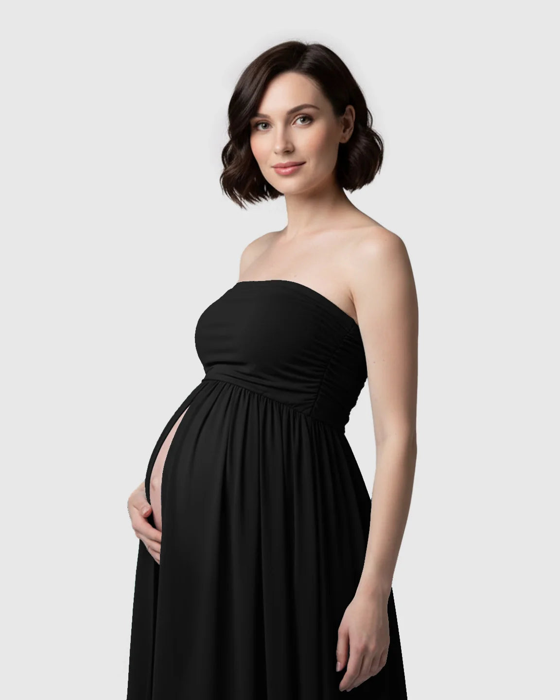 Bump Society – The Comfort Collection: Strapless Ruched Front Slit Maternity Photoshoot Dress