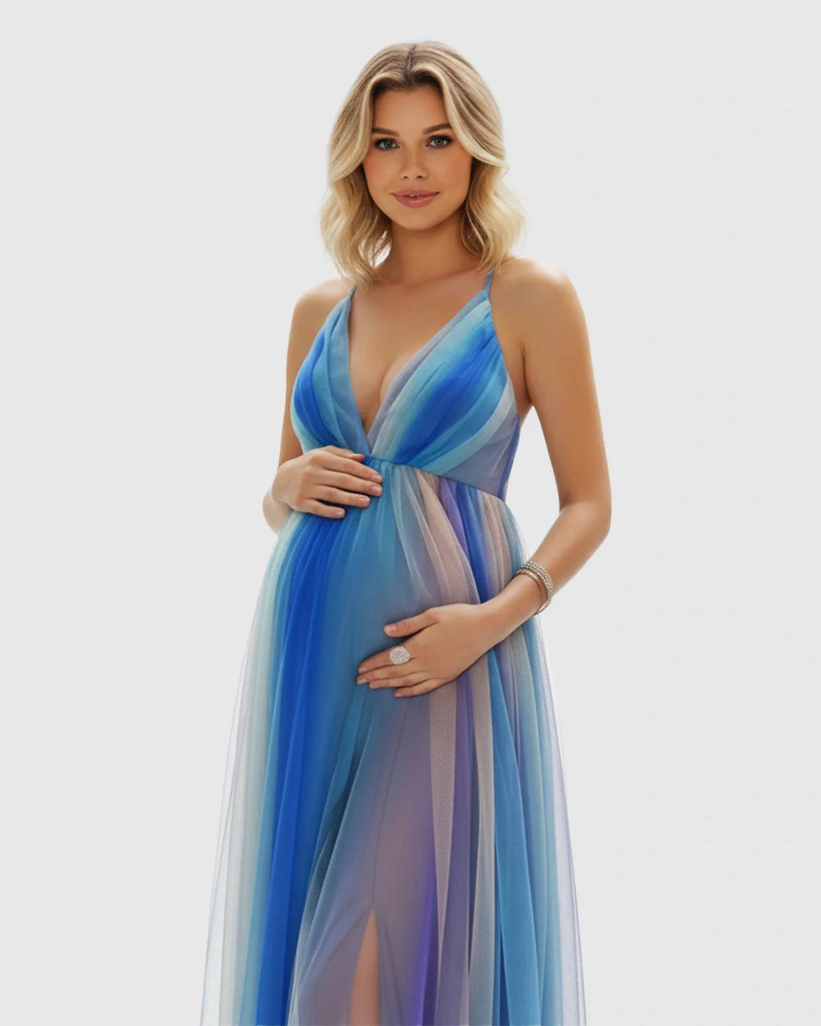 Maternity maxi dress in blue ombre mesh with spaghetti straps, deep V-neck, and empire waist.