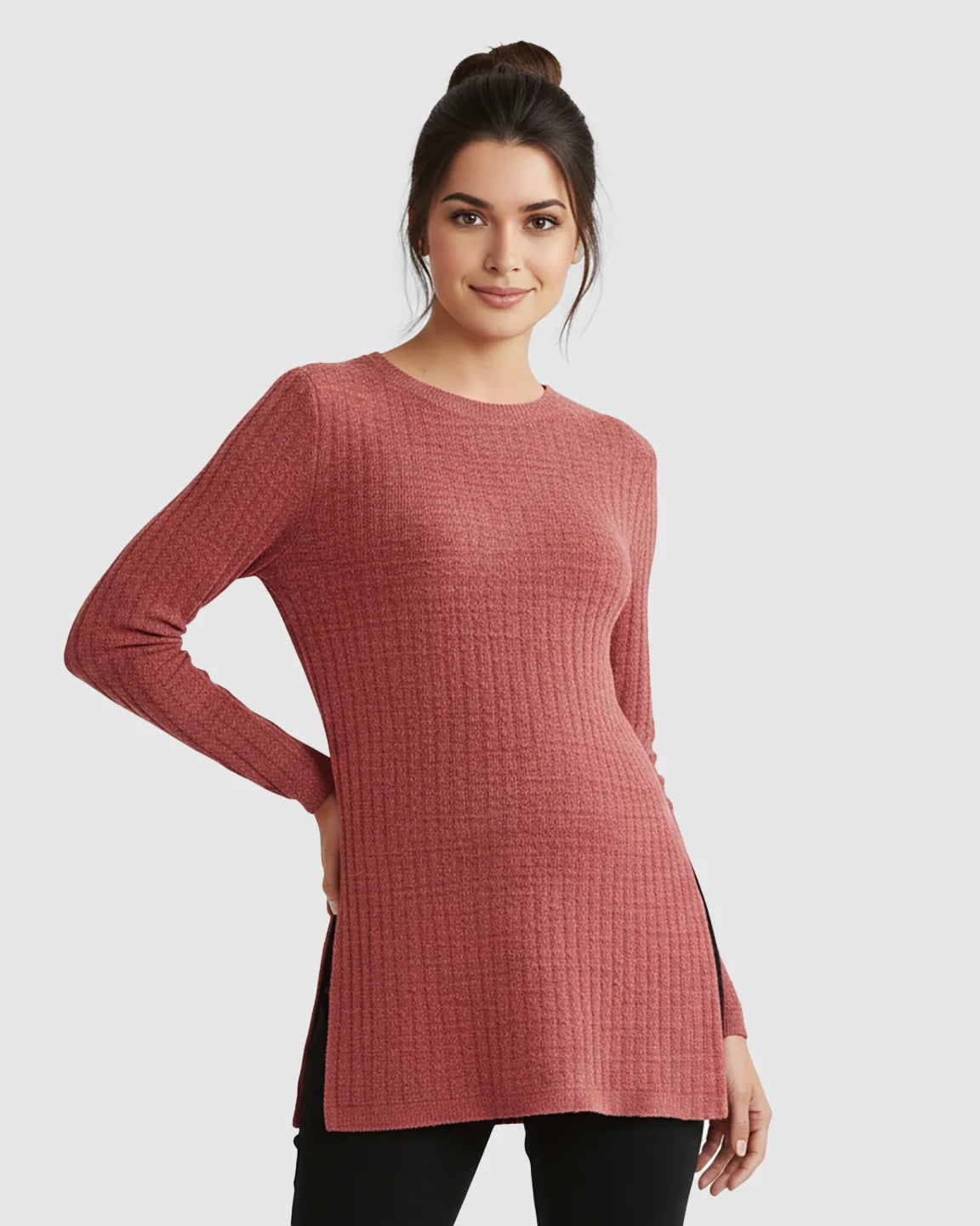 Bump Society – The Comfort Collection: Ribbed Knit Side-Slit Long Sleeve Maternity Top