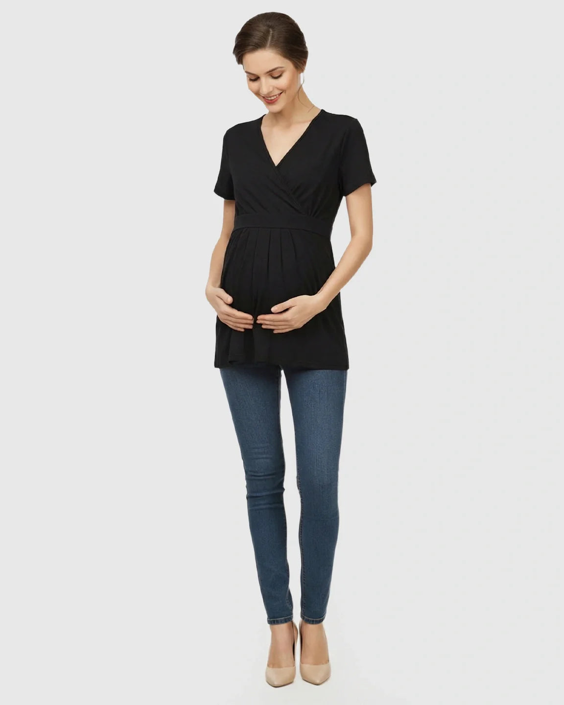 Black V-neck wrap-style maternity top with short sleeves, adjustable waist tie, and pleated detail.