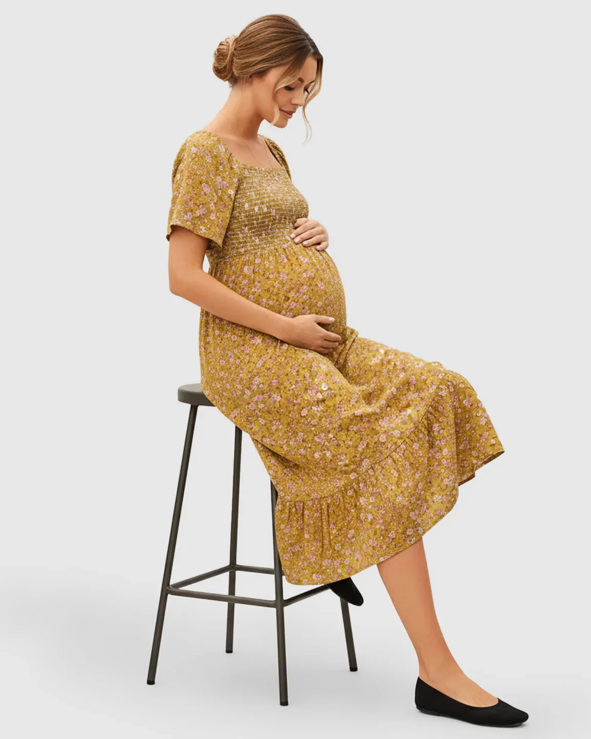 Bump Society – The Comfort Collection: Smocked Bodice Floral Maternity Midi Dress