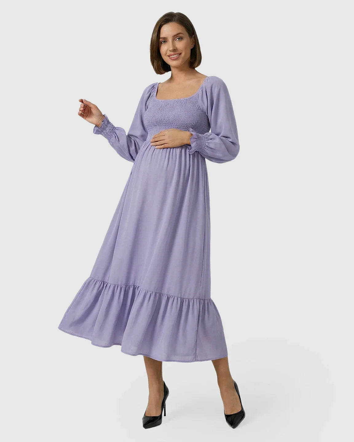 Bump Society – The Comfort Collection: Smocked Square Neck Ruffled Hem Maternity Maxi Dress