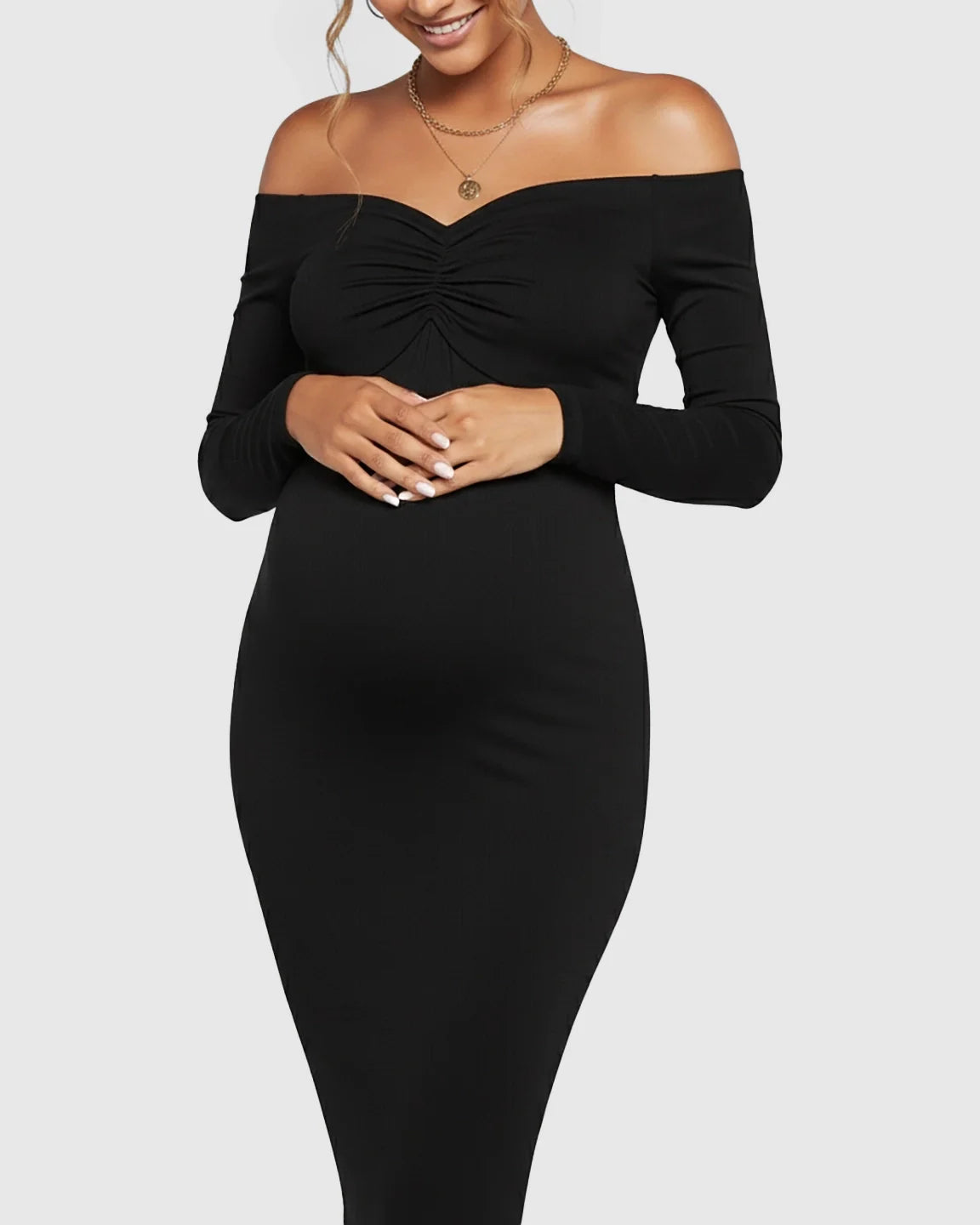 Bump Society – The Comfort Collection: Off-Shoulder Bodycon Maternity Midi Dress