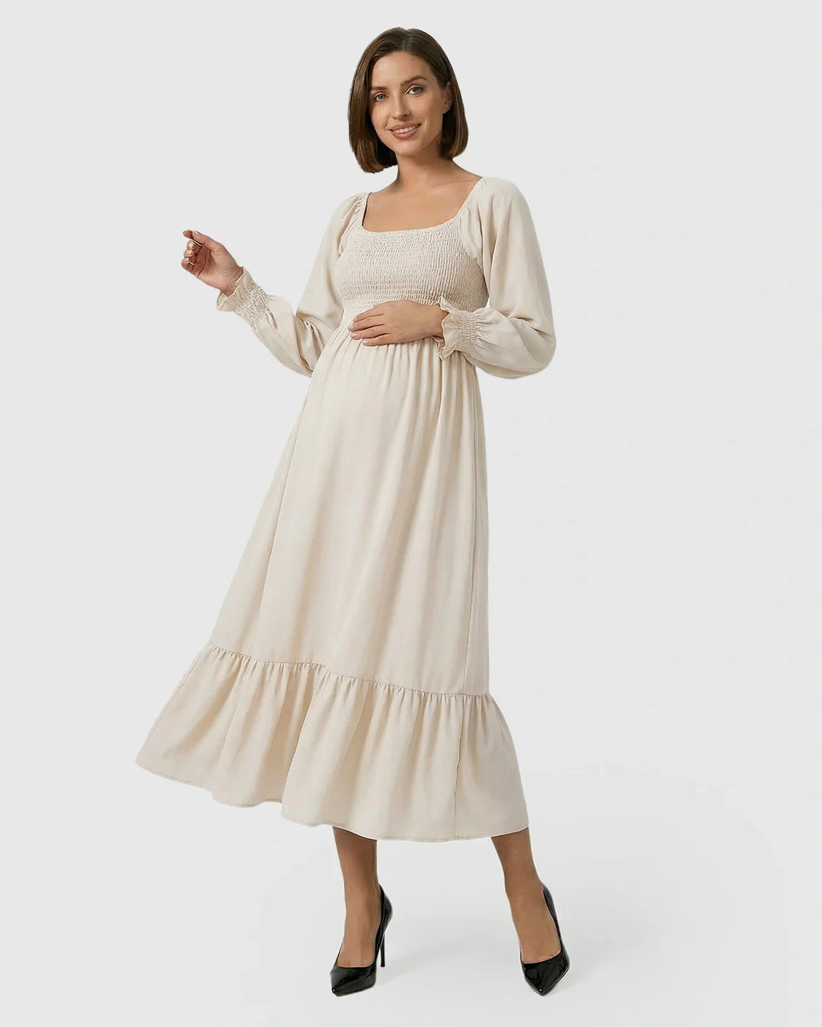Bump Society – The Comfort Collection: Smocked Square Neck Ruffled Hem Maternity Maxi Dress