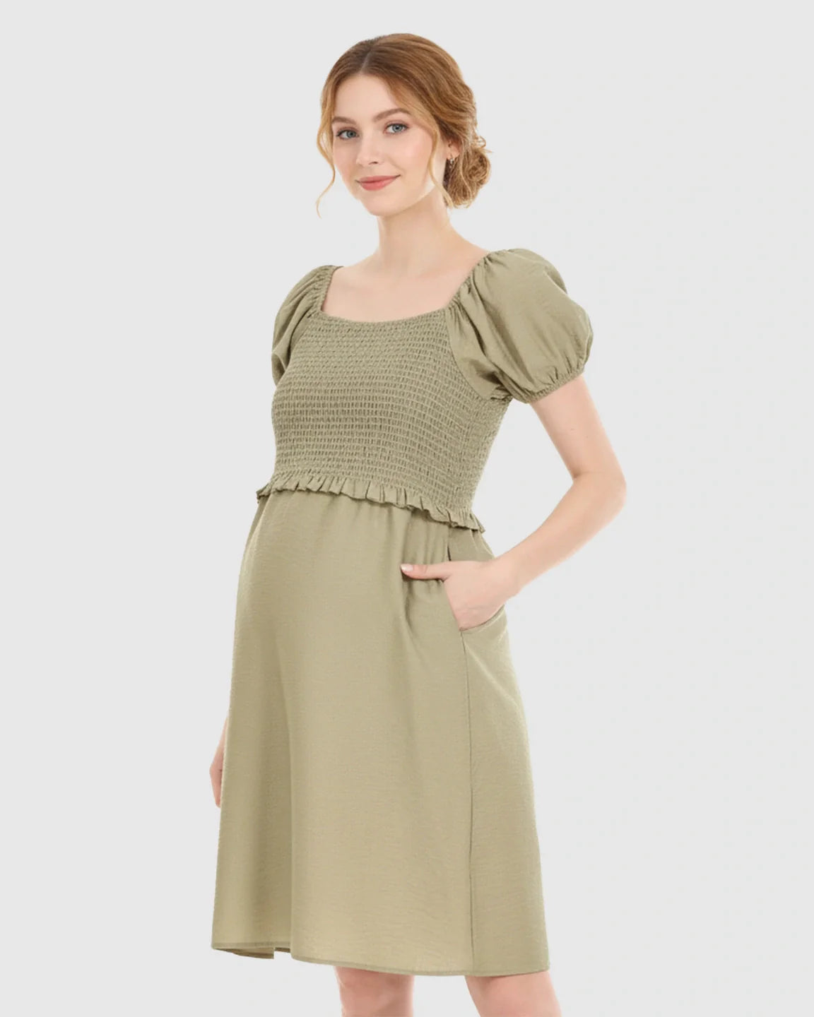 Bump Society – The Nursing Collection: Puff-Sleeve Flowy Maternity & Nursing Midi Dress