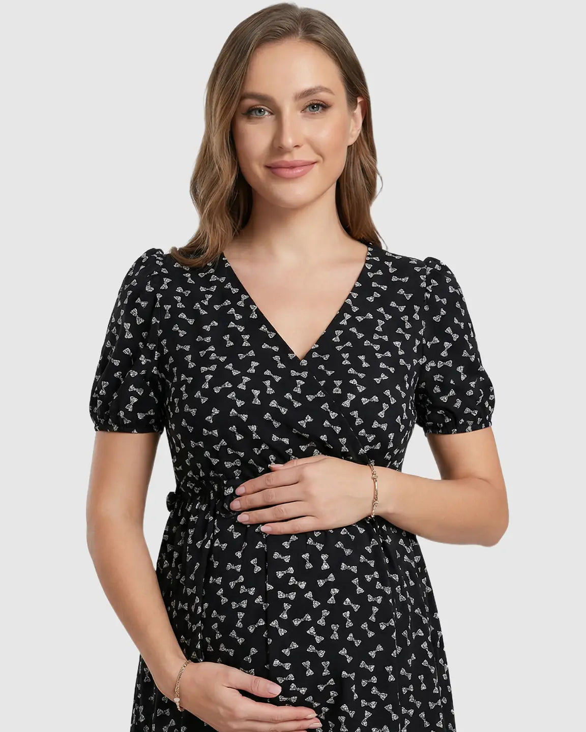 Bump Society – The Comfort Collection: Bow Tie Print Cinched A-Line Maternity Dress