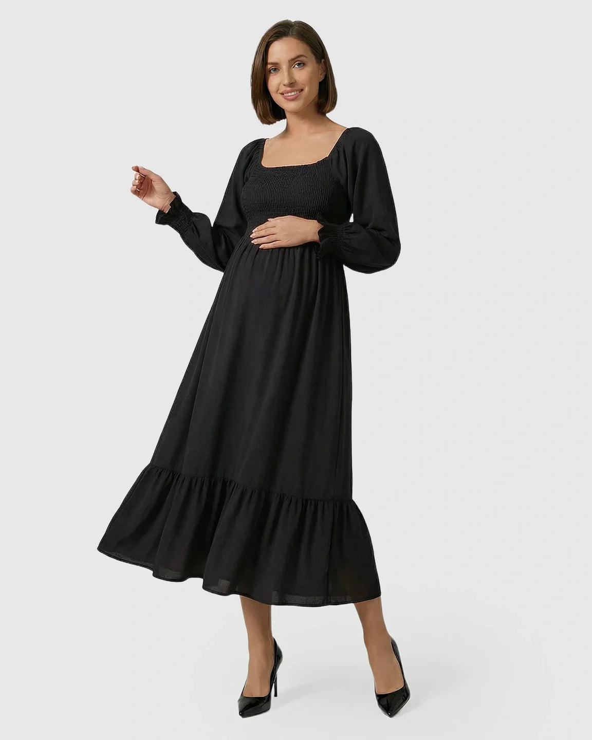 Bump Society – The Comfort Collection: Smocked Square Neck Ruffled Hem Maternity Maxi Dress