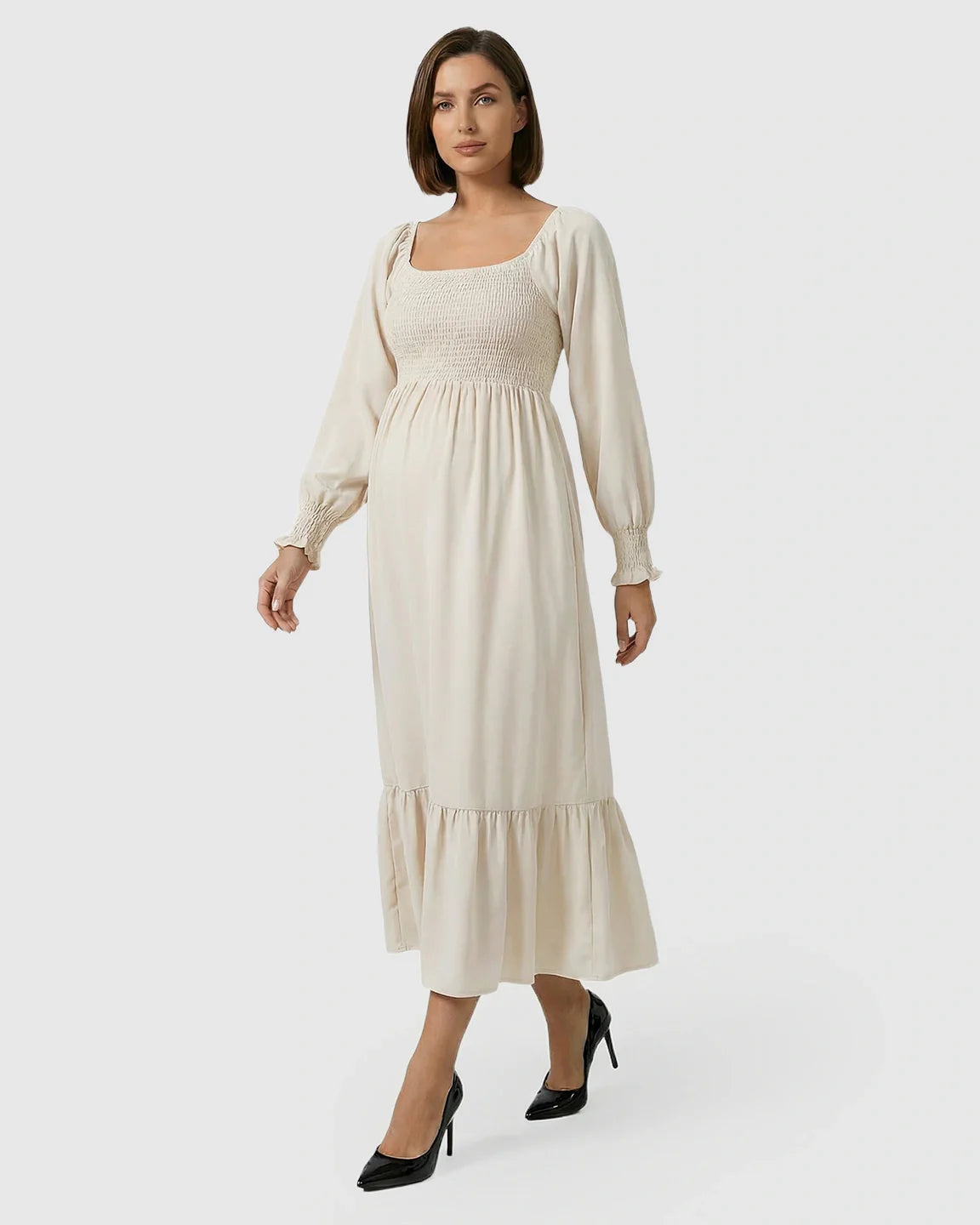 Bump Society – The Comfort Collection: Smocked Square Neck Ruffled Hem Maternity Maxi Dress