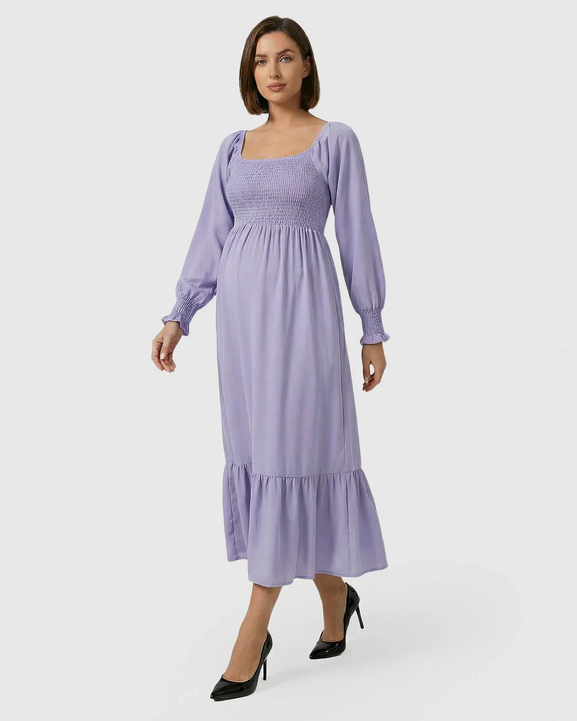 Bump Society – The Comfort Collection: Smocked Square Neck Ruffled Hem Maternity Maxi Dress