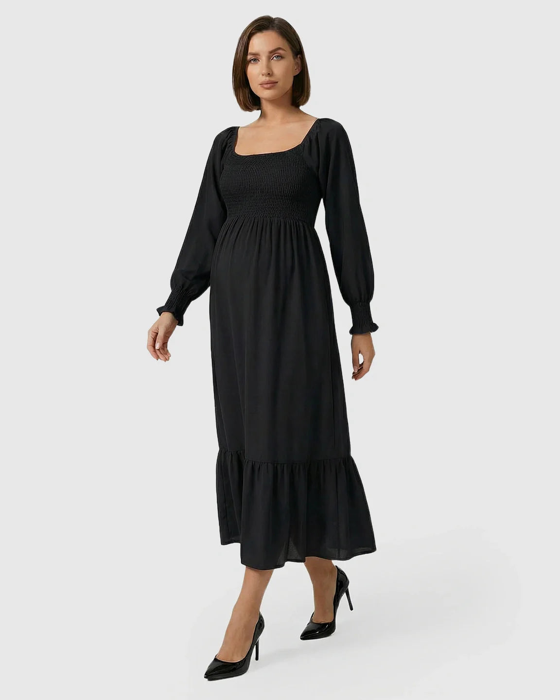Bump Society – The Comfort Collection: Smocked Square Neck Ruffled Hem Maternity Maxi Dress