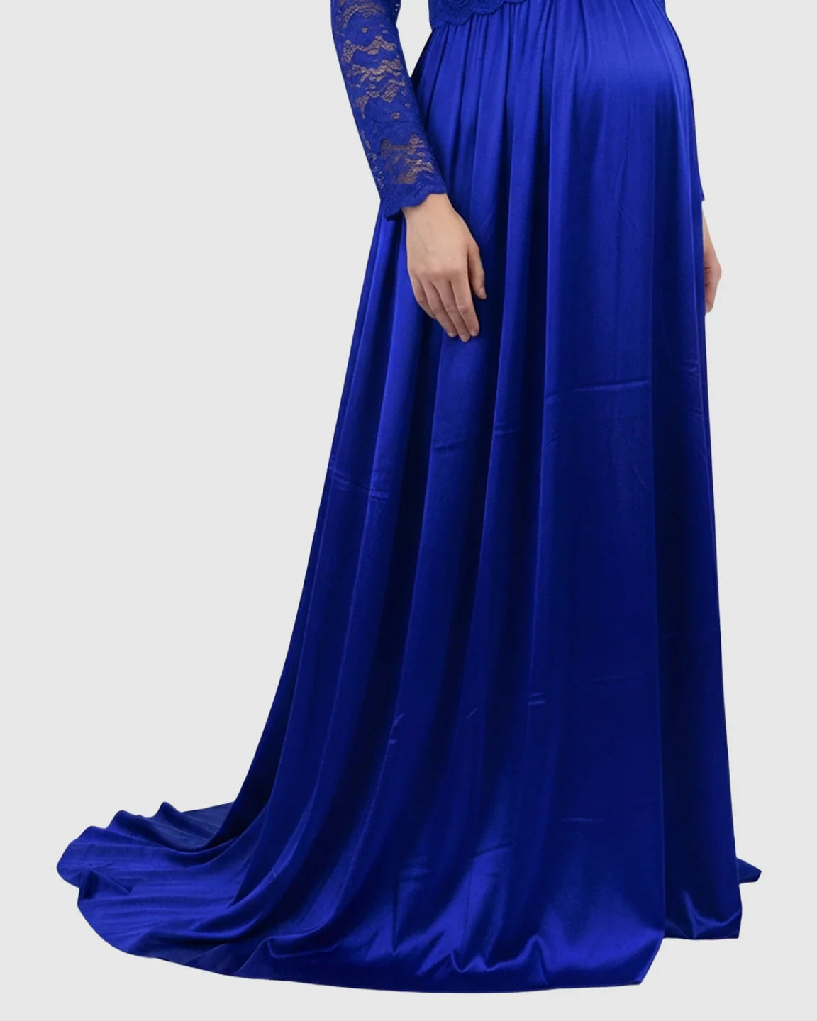 Royal blue lace-spliced bodice and trailing skirt maternity maxi dress.