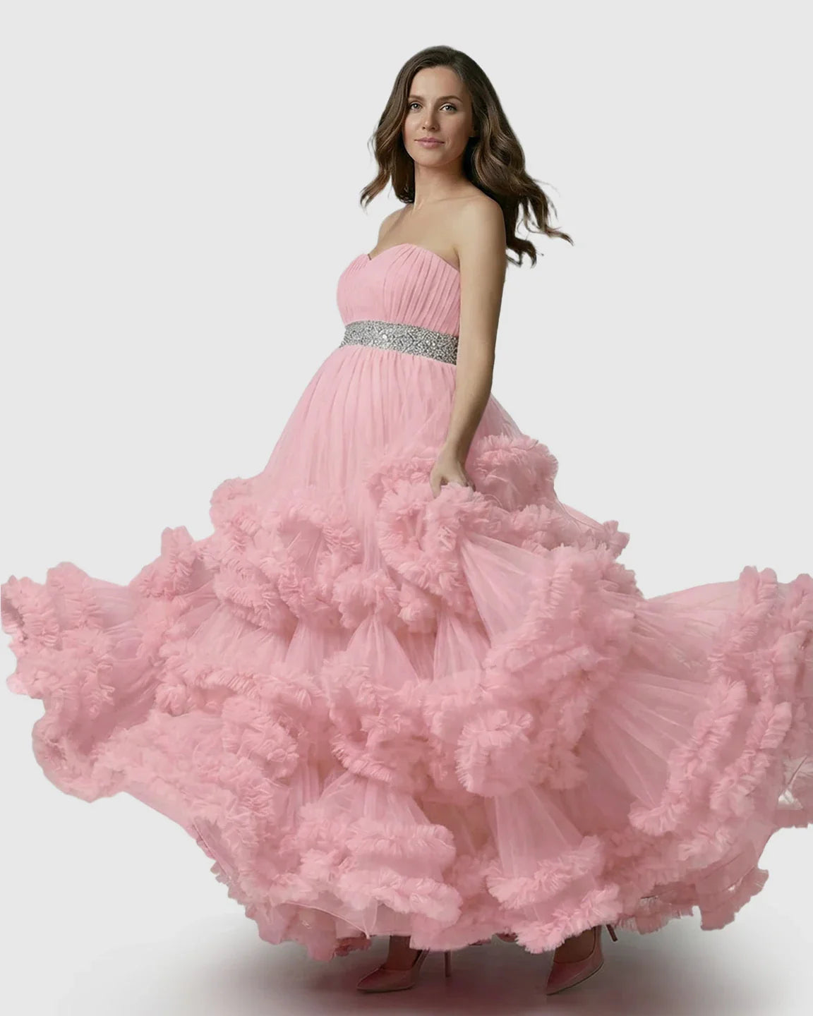 Bump Society – The Comfort Collection: Strapless Bodice Multi-Layered Ruffled Skirt Maternity Photoshoot Dress