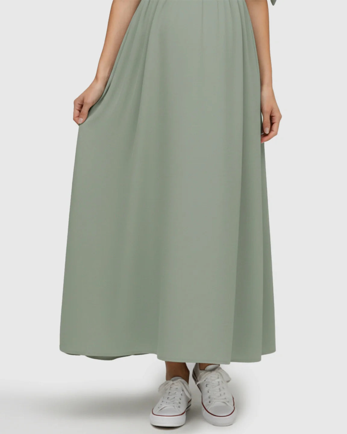 Mint green ice silk crepe empire waist maternity maxi dress with button V-neck and short sleeves.