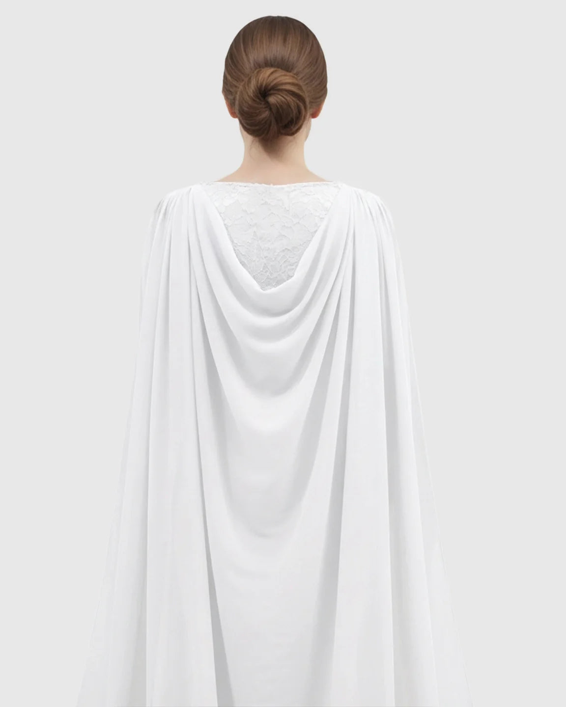 White chiffon lace cape trailing maternity photography gown, viewed from the back.