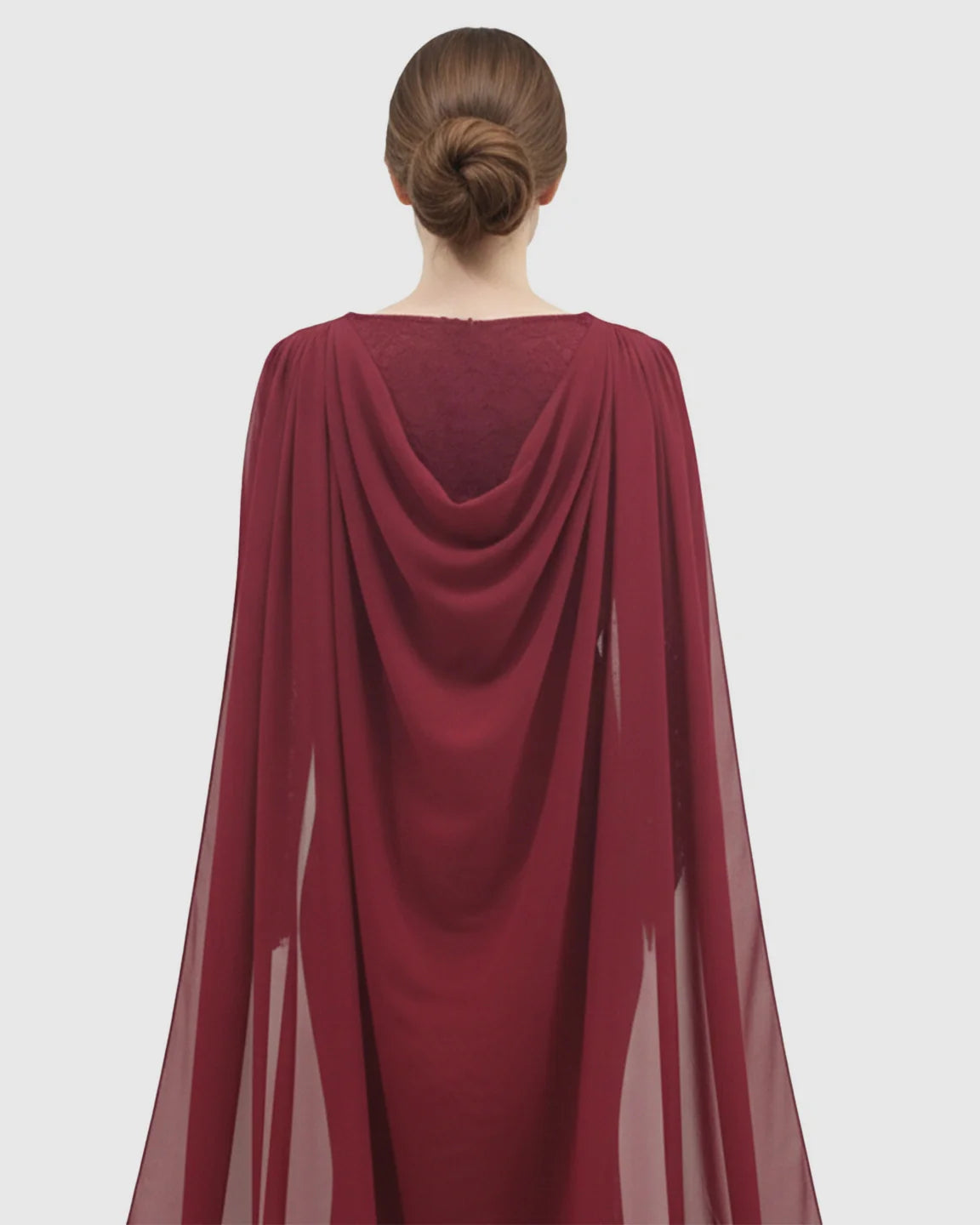 Burgundy chiffon cape trailing maternity photography gown with delicate lace details.